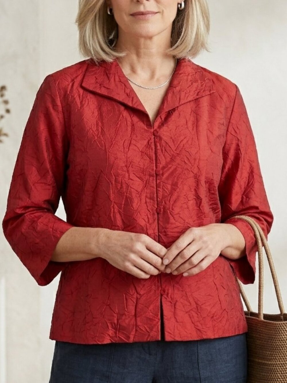 Eileen Fisher Raw Crinkle Silk Boxy Top Day to Night Corpcore Red Large